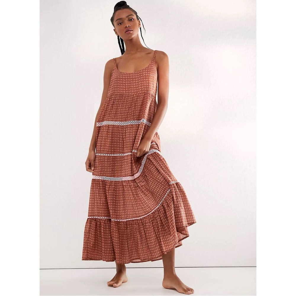 Free People Midnight Dance Print in Terra Cotta Brown Maxi Dress NWT Sz M - Picture 1 of 8